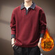 貴色高端假兩件撞色拼接牛仔Polo衫男秋冬季美式復古加絨翻領(lǐng)衛衣男 安可拉紅加絨 2XL  適合170-190斤