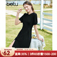 百圖betu女裝夏季新款連衣裙自然瘦腰泡泡袖短袖連衣裙女2304T90 黑色 L