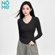 NOMe長(cháng)袖t恤女打底衫春季款V領(lǐng)褶皺內搭t恤修身正肩打底衫 黑色 M