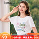 百圖betu女裝夏季新款T恤減齡圓領(lǐng)印花釘珠寬松短袖上衣女2407X05 白色 L