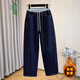 蘑菇同學(xué)韓系大碼加絨牛仔褲女冬季抽繩拼色松緊腰直筒長(cháng)褲胖mm窄版闊腿褲 深藍色 XL 建議95-120斤 
