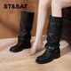 星期六厚底增高長(cháng)筒靴女2025新款秋冬季西部復古騎士靴子堆堆褲管瘦瘦靴