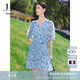玖姿·安娜蔻V領(lǐng)雪紡連衣裙女裝夏款泡泡袖褶皺感淺藍色裙 花淺藍 M
