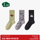 松山棉店襪子女中筒襪抗菌日系可愛(ài)卡通印花長(cháng)筒襪女 小貓系列-綠色+黑色+灰色 3雙 均碼 （女35-40碼)
