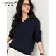 法貝莎品牌藏青色翻領(lǐng)v領(lǐng)長(cháng)袖衛衣女2025秋季新款刺繡顯瘦直筒t恤上衣 藏青色 XL （建議120-130斤）