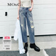 MO&Co.牛仔褲裂口破洞做舊貓須低腰直筒個(gè)性時(shí)裝感摩安珂 牛仔藍(lán)色 S 26