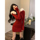 右小姐圣誕紅色絕美麻花紋理毛領(lǐng)連帽針織連衣裙女秋冬季新款修身包臀裙 紅色 【高質(zhì)量】 L 建議110-120斤