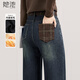 她池格紋拼接加絨牛仔褲女2025冬裝新款高腰保暖直筒休閑褲