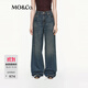 MO&Co.牛仔褲2025秋新品重工繩染洗舊棉質(zhì)貓須設計感高腰MBE3JEN006 牛仔藍色 XS 25