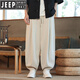 吉普（JEEP）高檔亞麻休閑長(zhǎng)褲男褲子中國(guó)風(fēng)潮牌棉麻燈籠褲胖子寬松束腳褲闊腿 卡其色 5XL