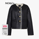 MO&Co.絨面夾克絨邊圓領(lǐng)肌理感廓形短款機車(chē)外套華麗金扣摩安珂 黑色 M /165