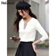 品彩（PinCai）長(cháng)袖t恤女v領(lǐng)氣質(zhì)優(yōu)雅編織圖案設計時(shí)尚百搭上衣 P13KT2344