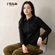 子牧棉麻秋裝 女韓版雙面德絨蕾絲口袋T恤寬松休閑打底衫上衣9931 黑色 2XL (建議135-150斤)