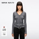 MISS SIXTY2025秋季新款羊毛針織開(kāi)衫女V領(lǐng)蕾絲拼接修身短款上衣 花灰 S