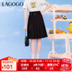 LAGOGO時(shí)尚高腰黑色百褶裙拉谷谷春秋新品氣質(zhì)小個(gè)子中長(cháng)半身裙 黑色(W1) L