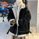 NEW OR MODE麂皮絨棉服男冬季潮流ins寬松翻領(lǐng)加厚棉衣潮牌皮毛一體機車(chē)外套 黑色 XL