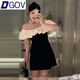 DGOV一字肩連衣裙夏季顯瘦名媛氣質(zhì)荷葉邊露肩性感裙子 黑色 L 建議100-120斤