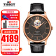天梭TISSOT瑞士手表男 俊雅系列 自動(dòng)機(jī)械男表 鏤空休閑商務(wù)男士腕表 T063.907.36.068.00黑金盤(pán)鏤空皮帶