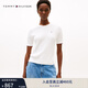 TOMMY HILFIGER【絞花圓領(lǐng)】25秋冬新款女純棉休閑鑲邊袖口打底短袖針織衫 白色YBL M （推薦：110-120斤）