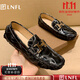 LNFL輕奢字母H高級豆豆鞋2025春秋新款漆皮亮面休閑皮鞋一腳蹬懶人鞋 黑色 39 標準皮鞋碼數