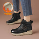 波爾諦奇（BOERDIQI）頭層牛皮高幫休閑女鞋羊毛鞋墊加厚絨保暖棉鞋雪地靴 黑色絨里 37