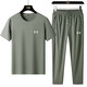 安德瑪男子短袖長(cháng)褲夏季韓版情侶運動(dòng)套裝寬松薄款速干T恤冰絲褲兩件套 軍綠色 5XL 建議190-210斤
