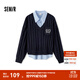 森馬（Semir）毛衣女冬刺繡V領(lǐng)絞花毛衫無(wú)袖襯衫簡(jiǎn)約時(shí)尚氣質(zhì)學(xué)院風(fēng)兩件套 藍色調00388 S