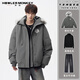 聲猴連帽毛領(lǐng)棉服男秋冬季高街百搭情侶款棉衣美式寬松設計感男士外套 深灰色外套+黑色高領(lǐng)毛衣+牛仔褲黑【三件套】 XL