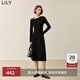 LILY冬新款女裝氣質(zhì)異形領(lǐng)修身垂感收腰顯瘦長(cháng)袖針織裙連衣裙 510黑色 M