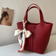 紅色新娘結婚包女2025秋新款真皮菜籃子手提水桶包百搭斜挎包 酒紅色