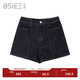 BSIEE2025年夏季新款高腰百搭彈力線(xiàn)條闊腿牛仔短褲 藏青色 S