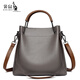 袋鼠真皮女包頭層牛皮2025新款中年媽媽包大容量水桶包單肩斜挎手提包 灰色[大款]頭層軟牛皮