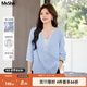 MsShe【假兩件襯衫】2025秋裝洋氣顯瘦七分袖小衫 【撞色V領(lǐng)】冰河藍色現貨 2XL