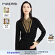 娜爾思（NAERSI）假兩件異材質(zhì)印花針織衫上衣女新款長(cháng)袖羊毛毛衣 黑色 XL 42