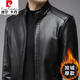 皮爾卡丹正品頭層牛皮真皮皮衣男秋冬季短款翻領(lǐng)加絨加厚高檔中老年外套 黑色-秋冬立領(lǐng) 加絨 2XL 185建議150-165斤