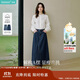 茵曼復古分割牛仔裙秋女裝高級學(xué)院風(fēng)A字顯瘦半身裙子 深牛仔藍 L 