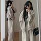 艾珠兒（Aizhuer）衛(wèi)衣女春季休閑運(yùn)動套裝女時尚港風(fēng)顯瘦減齡闊腿褲連帽跑步兩件套 卡其灰外套+褲子 M