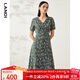 藍地（LANDI）夏季新款豆沙綠法式碎花中長(cháng)款連衣裙女短袖長(cháng)裙 豆沙綠 L