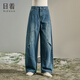 日著(zhù)（rizhuo）遠山藍全棉牛仔褲2025新款秋冬深色復古寬松顯瘦拼接直筒女褲 遠山藍 S