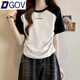 DGOV正肩短袖t恤女2025新款夏季設計感小眾收腰抽繩顯瘦插肩短款上衣 白色撞黑色 M 建議86-105斤