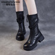 縈妃公主（YINGFEIPRINCESS）頭層牛皮壓花馬丁靴女2026秋冬新款厚底真皮前拉鏈中長(cháng)筒黑色靴子 黑色加絨 37