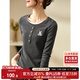 尚都比拉兔子刺繡假兩件圓領(lǐng)長(cháng)袖t恤女春秋外穿顯瘦女裝上衣 深灰色 M 