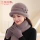 江南故事帽子女秋冬老人圍巾保暖中老年女士冬季兔毛媽媽毛線(xiàn)帽 卡其色【高檔禮盒】 帽子+圍巾+手套（三件套）