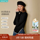 茵曼（INMAN）2025秋冬女裝新款簡(jiǎn)約高領(lǐng)撞色收褶針織T恤顯瘦百搭長(cháng)袖上衣 黑色 M