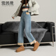 雪茜曼翻邊直筒加絨牛仔褲女冬季新款設計感高腰顯瘦百搭小個(gè)子九分褲