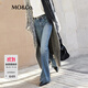 MO&Co.牛仔褲德絨棉質(zhì)洗水磨白柔軟藍色復古喇叭褲長(cháng)褲摩安珂 牛仔藍色 S /S