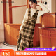 Olrain歐芮兒法式格子背帶連衣裙女秋冬年收腰復(fù)古背心裙 咖格 S
