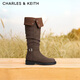 CHARLES&KEITH25冬季新品平底褶皺可翻折長(cháng)靴堆堆靴CK1-90380176 Dark Brown Textured深棕色 39 （250）