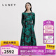 朗姿/LANCY秋新款真絲復古玫瑰印花收腰長(cháng)袖連衣裙重工裙子女 夜幕黑色 M