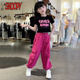 史努比（SNOOPY）女童工裝褲套裝夏季大兒童爵士舞短袖T恤女孩jazz舞蹈表演服 黑色短袖加褲子 140 cm